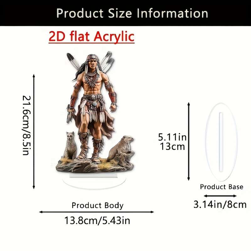 1pc 2D Flat  Bohemian Style  Acrylic Statue Native American Chief Wolf Scene Vintage Desk De