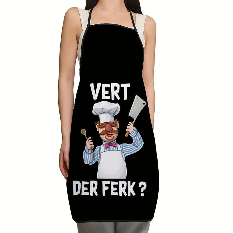 1pc Stylish Chef Print Polyester Apron Black with VERT DER FRECK Design Glossy Finish Perfect for Ki