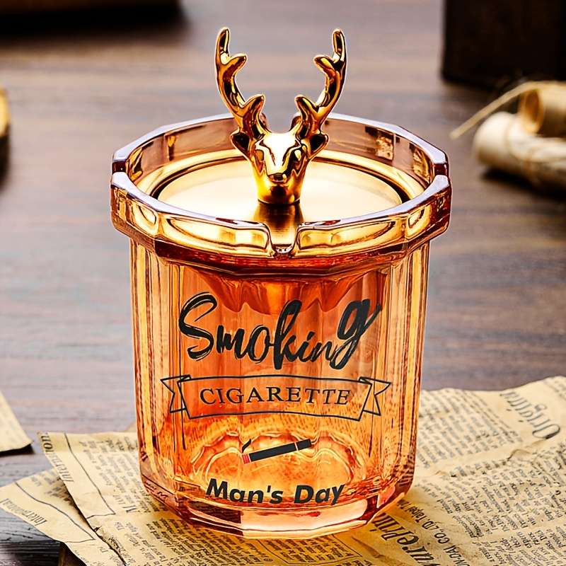 1-Pack Household Ash Tray with Stainless Steel Funnel Anti-Fly Ash Lid Windproof Fashionabl