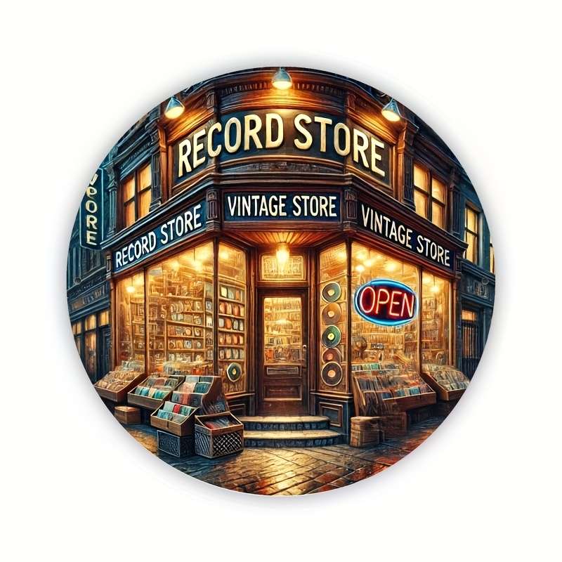 1pc Vintage Record Store Metal Sign 19.81x19.81 cm Round Aluminum Wall Art Retro Decor for Home