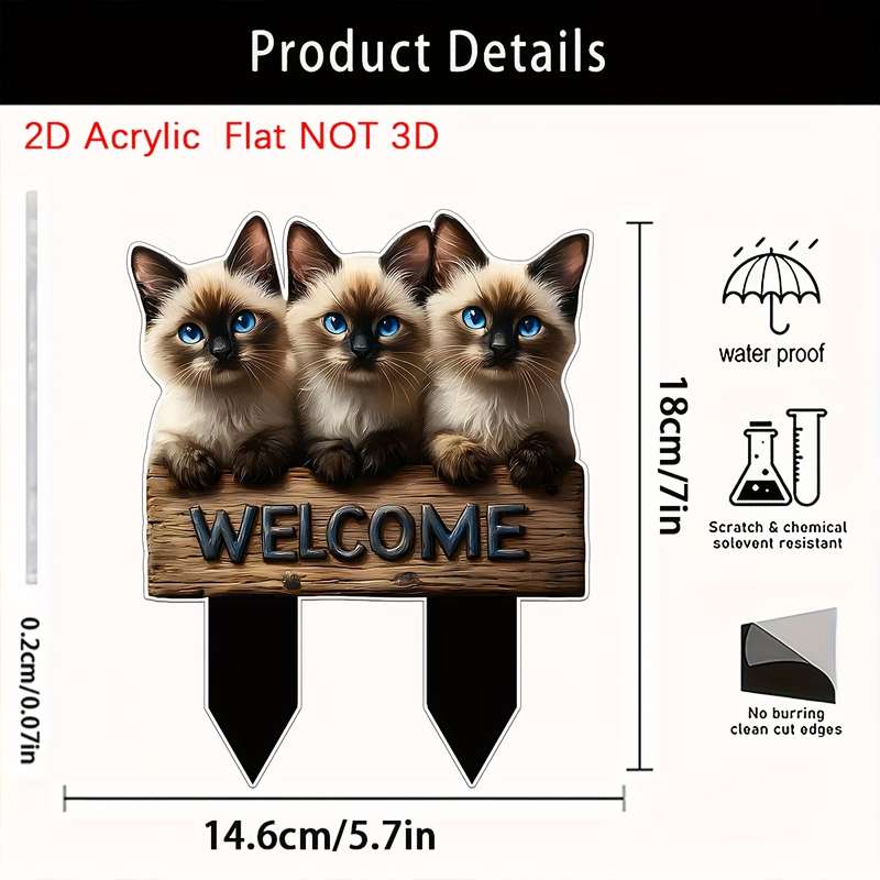 1pc 2D Flat  3 Cute Kitten Garden Sign  Acrylic Flat Animal Series Outdoor Decor for Lawn G
