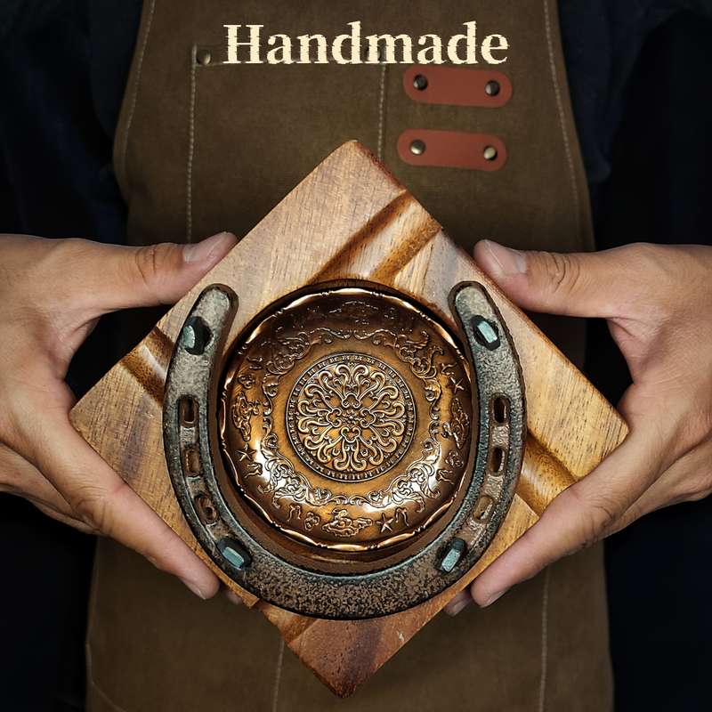 1pc Lucky Horseshoe Wooden Cigar Ashtray with Intricate Carved Floral Design Rustic Cowboy De
