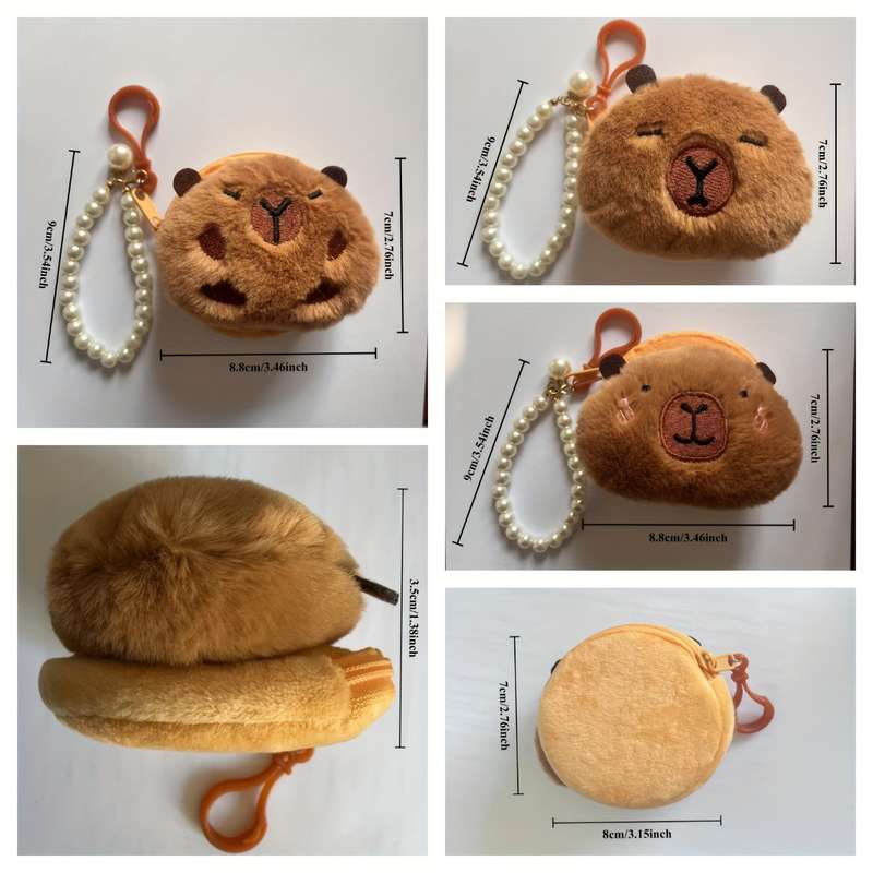 1pc Cute Capybara Round Plush Coin Purse with Keychain Adorable Brown Faux Fur Keychain Wallet P