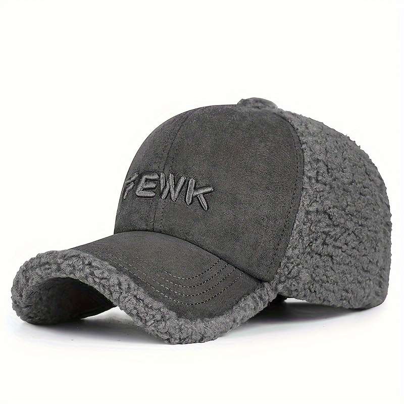1pc FEWK Embroidered Fleece Baseball Cap Warm Cozy Brown Trucker Hat with Faux Leather Patc
