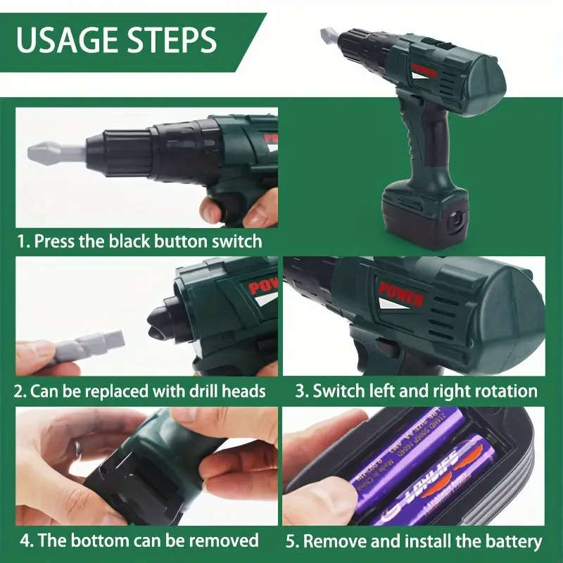 3in1 Electric Drill Set Toy for Youngsters Ages 3-5 Realistic Sound  Action Army Green Toy Construct