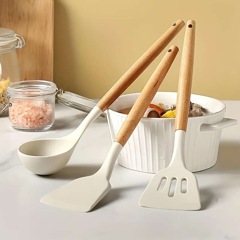 3pcs Silicone Kitchen Utensil Set Heat-resistant Food Grade Spatula Spoon and Flipper with G