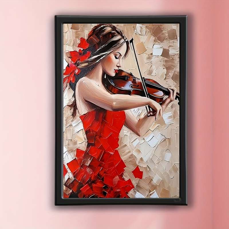 1pc  Framed Abstract Canvas Art Elegant Woman Playing Violin in Red Dress Unique Wall Decor f