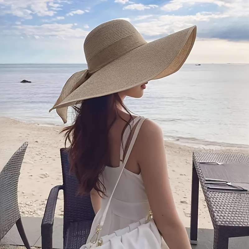 1pc Women's Extra Large Brim Summer Hat Foldable Anti-UV Protection Beach Hat With Ribbon Bow