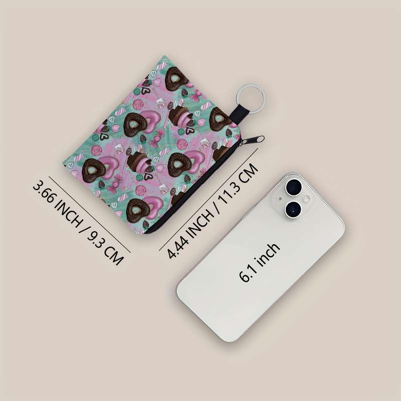 1pc SWEET Owl Print Zipper Pouch Lightweight Multifunctional Small Purse with Keychain Coin