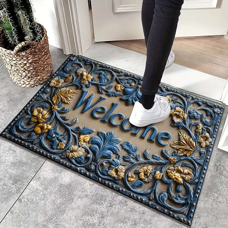 1pc Chic Abstract Line Welcome Doormat Botanical Pattern Non-Slip Machine Washable Polyester Rug