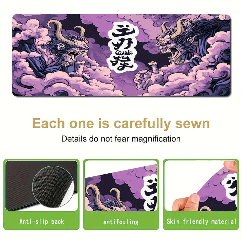 1pc 40x90cm Japanese Yokai-Themed Rubber Anti-Slip Mouse Pad Vibrant Purple Black Design