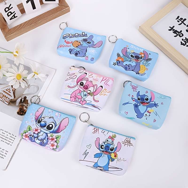 1pc Stitch Mini Wallet Cute Cartoon Coin Purse with Keyring Portable Card Holder Elegant Faux L