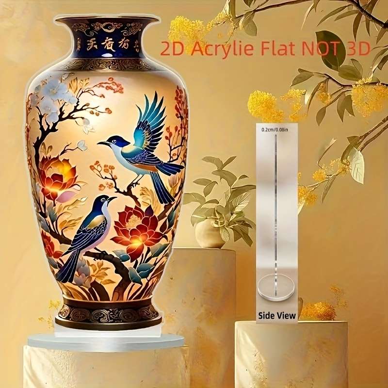 1pc 2D Flat   Painting Elegant Acrylic Material Vase with Colorful Floral and Bird Design