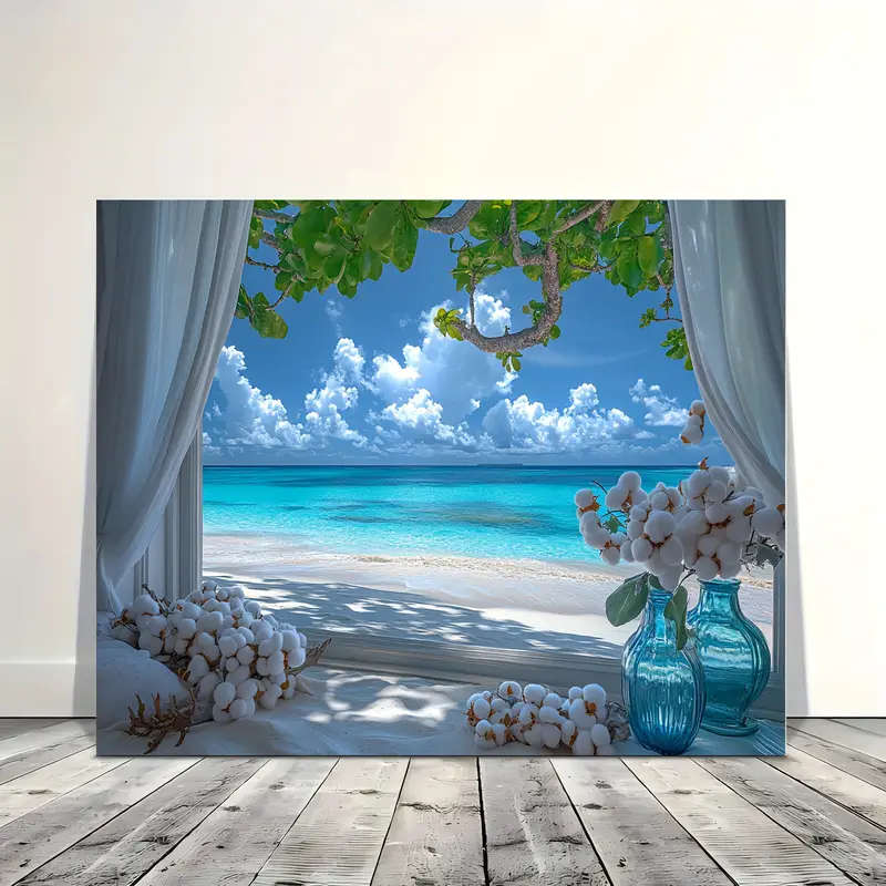 1pc Beach View Window Canvas Art Wooden Framed Wall Decor for Living Room Bedroom Kitchen Perfect Ho