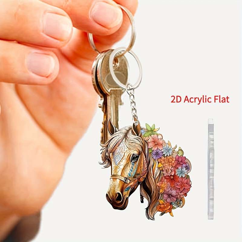 1pc 2D Flat  Acrylic Horse Keychain with Vibrant Floral Design Durable Fashion Backpack Pendant Ch