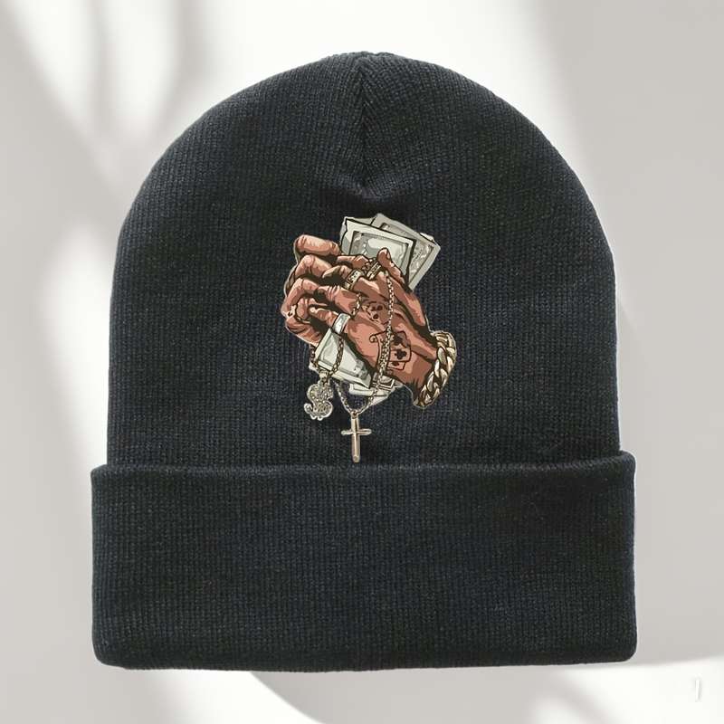 1pc Men's Hip Hop Style Black Knit Beanie with Cross Pattern Warm Stretchy Machine Washable