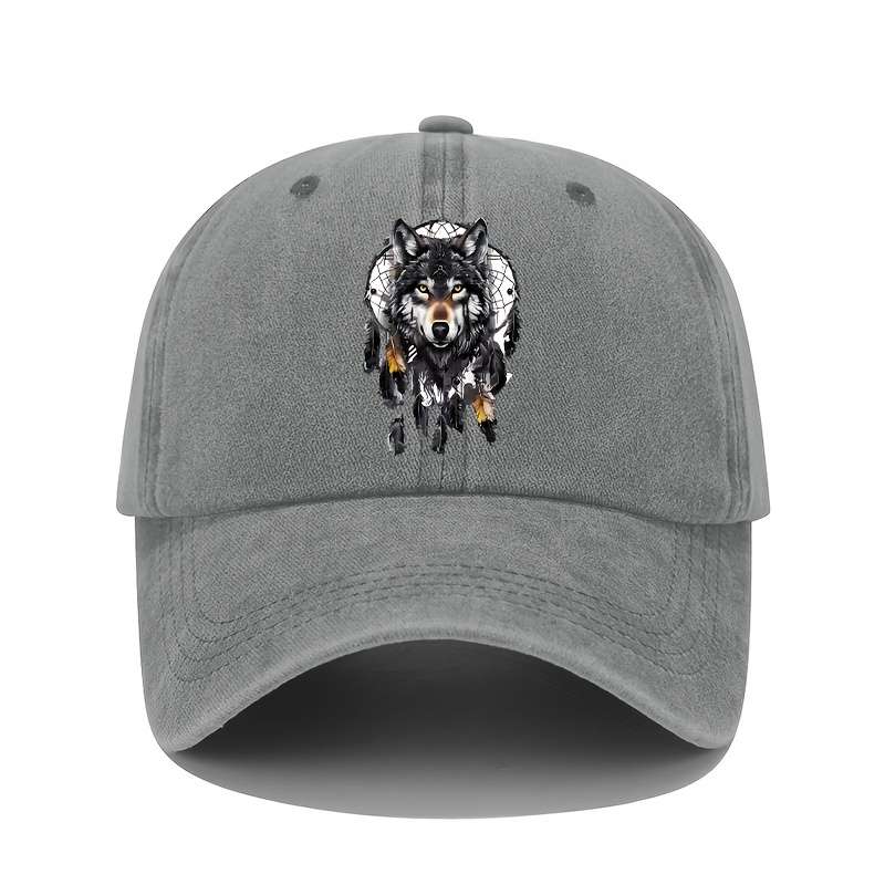 1pc Vintage Washed Cotton Baseball Cap with Wolf Totem Print Adjustable Sun Protection Hat for Al