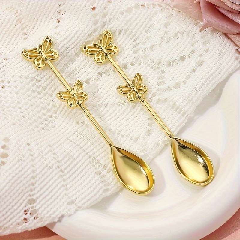 2pcs Golden Butterfly Dessert Coffee Spoons Elegant Metal Stirring Spoons with Polka Dot Gi