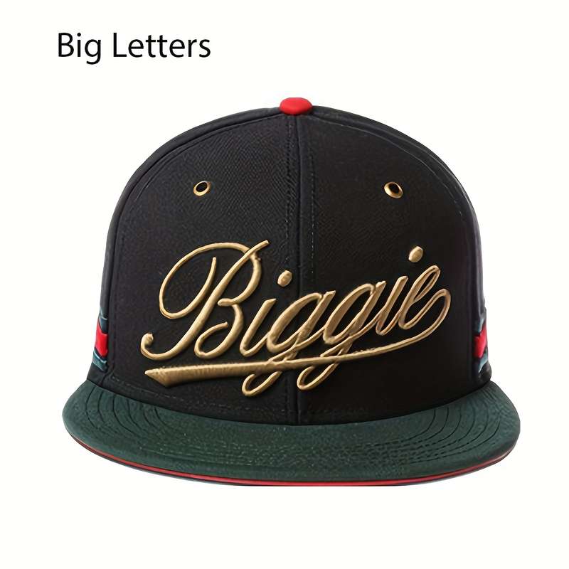 1pc Biggie Golden Embroidered Flat Brim Snapback Hat Adjustable Lightweight Black with Green