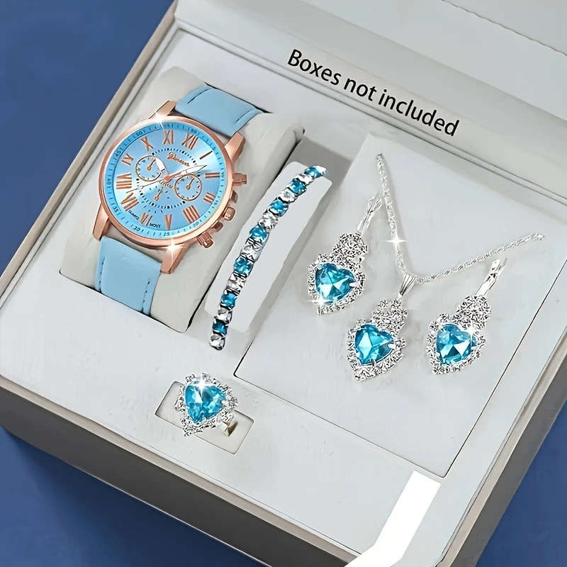 1set Elegant Quartz Wrist Watch and Jewelry Set with Shock-Resistant Round Analog-Digital Display PU