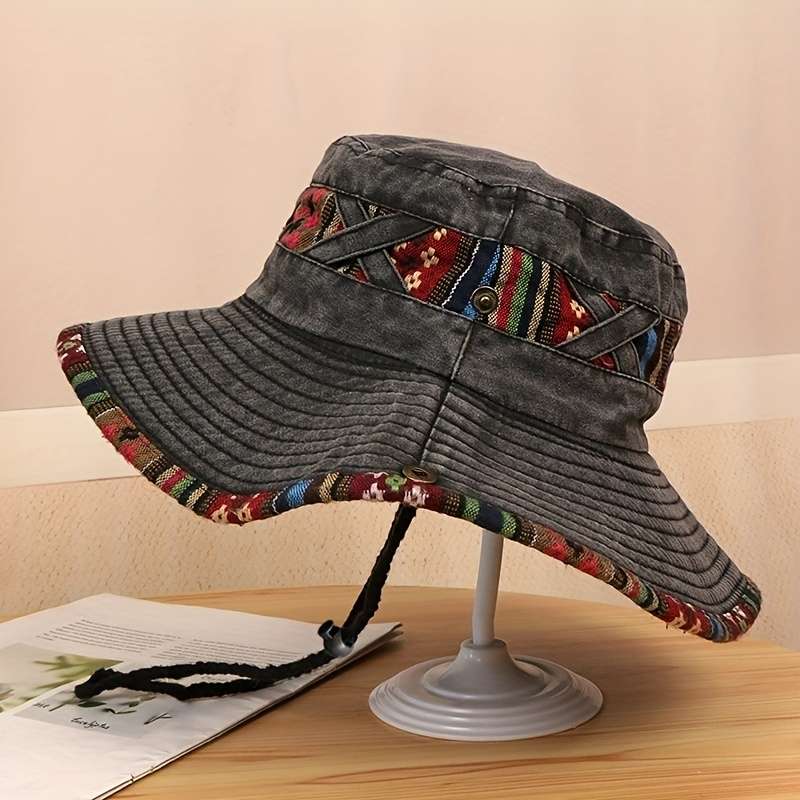 1pc Retro Denim Cowboy Hat with Adjustable Drawstring Lightweight Woven Outdoor Mountaineeri