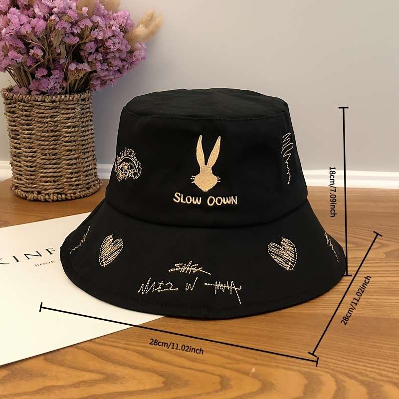 1pc Trendy Women's Cotton Bucket Hat with "SLOW DOWN" Embroidery Animal Design Lightweight Sun