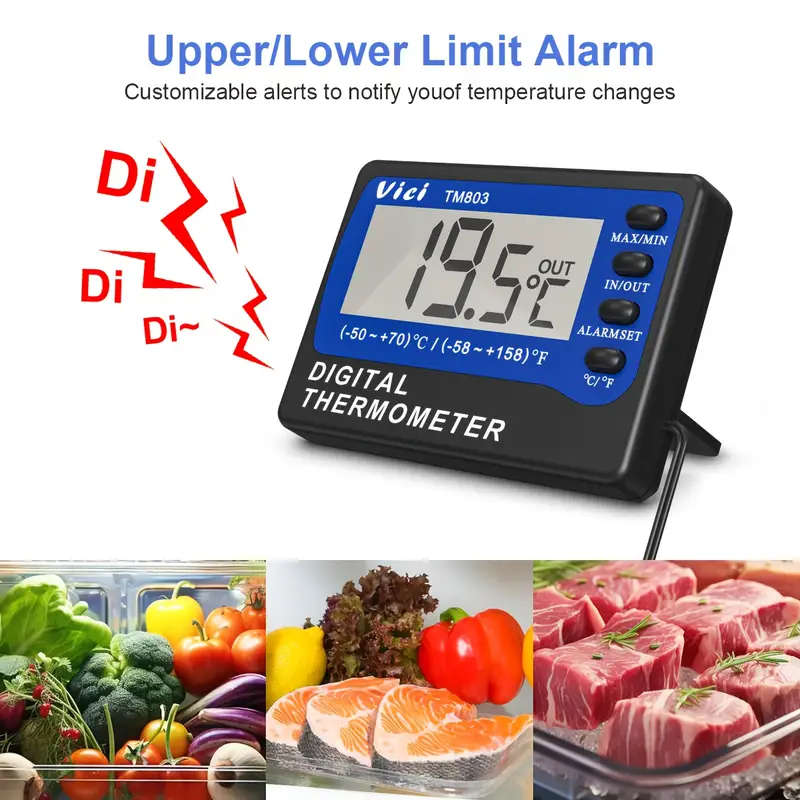 1pc Digital Thermometer with External Sensor Large Display -58 to 158 Range Alarm Alerts AAA Batter