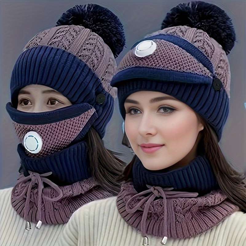 1pc Mask Hat Scarf Women's Autumn and Winter Knitted Hat Thickened and Fleece Warm Ear Protect