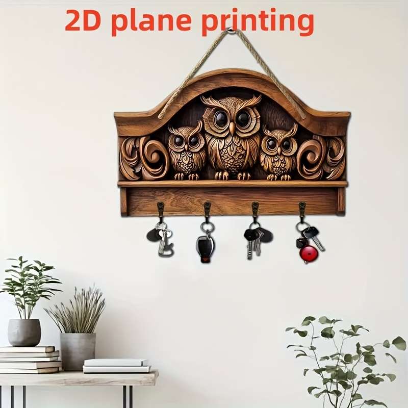 A 2D Printed Piece Featuring Three Owls a Simple And Colorful Wooden Key Hook with Four Metal Hooks