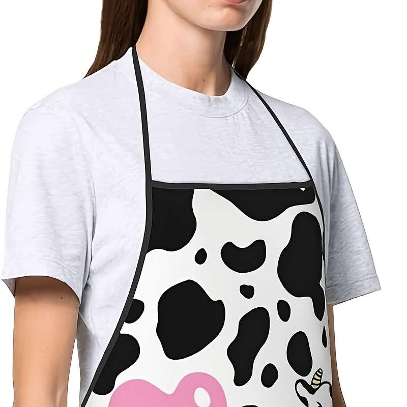 1pc Playful Cow Print Kitchen Apron Adjustable Neck Waist Durable Polyester Ideal for Cook