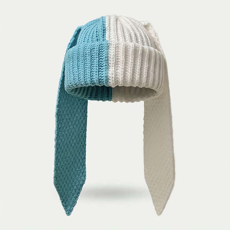 1pc Perfect Breathable Rabbit Ear Beanie Chic Colorblock Knit Rabbit Ear Beanie for Women Stret
