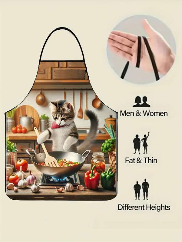 1pc Cartoon Cooking Cat Apron Casual Style 100% Polyester Non-Stretch Fabric Woven 150g m?