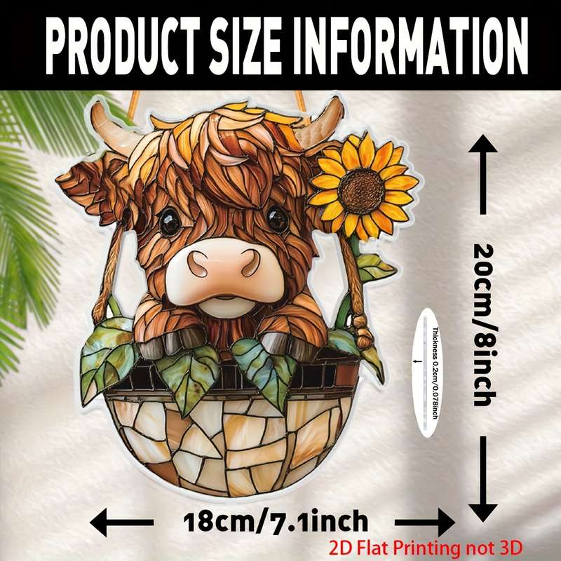 1pc 2D Flat  Highland Cow Acrylic Wall Pediment  Print Farmhouse Window Catchlight 7.1"x8" Ind