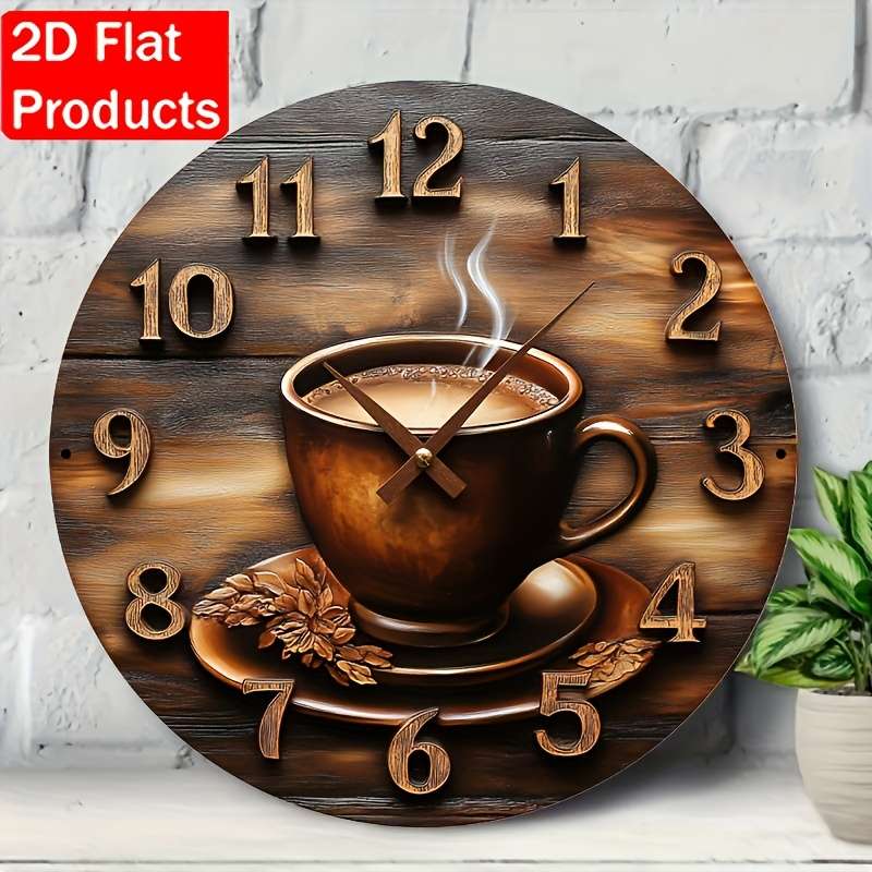 1pc 2D Flat Rustic Wooden Wall Clock with Coffee Cup Design Classic Vintage Style Not real clock