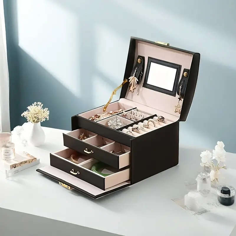 1pc Elegant Black Faux Leather 3-Tier Jewelry Organizer Box with Pink Interior Detachable Tray Mirro