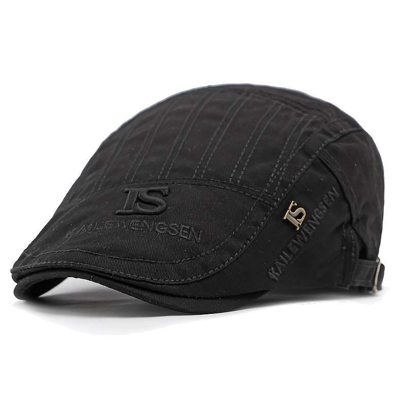 1pc Everyday Comfort Black Beret Cap Retro British Style Casual Textured Fabric Hat with "IS"