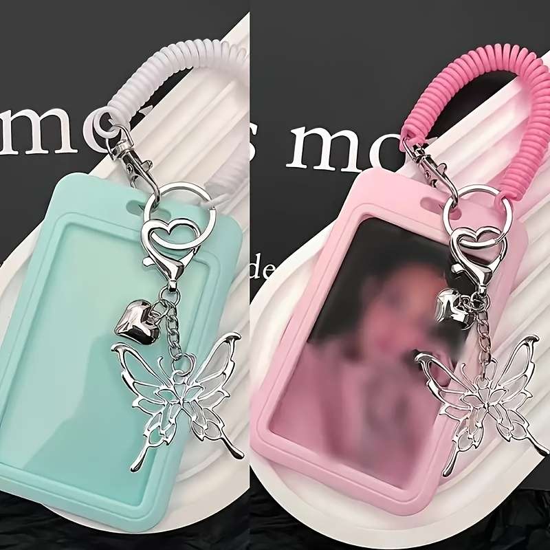 1pc Butterfly Spring Photo Holder Keychain Durable Plastic Card Case Cover Photo Album Accessory