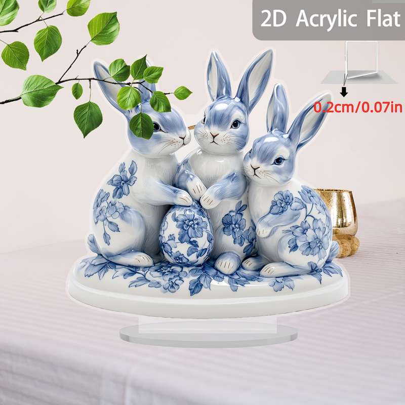 1pc 2D Flat   Plane Easter Blue and White Porcelain Rabbit and Egg  Acrylic Sun Catcher Desk