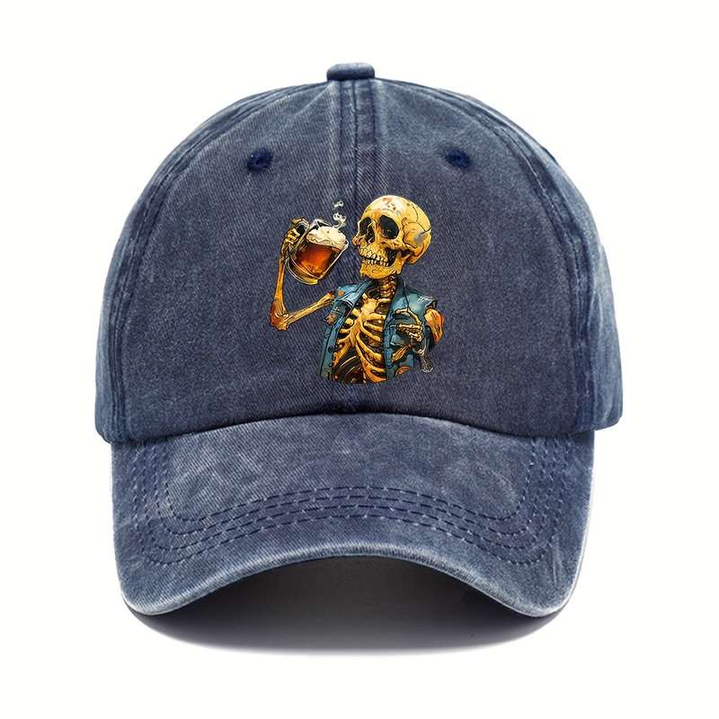 1pc Halloween Skeleton Holding Wine Baseball Cap Adjustable Vintage Casual Hat Unisex Breathable