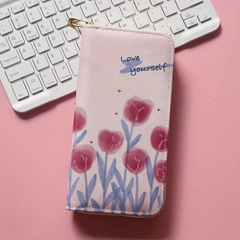 1pc Women'S Casual Floral Zipper Wallet with Multiple Card Slots Large Capacity Coin Pouch with "