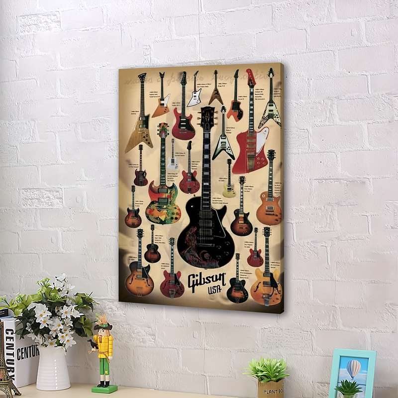1pc Gibson Guitars Showcase Wooden Framed Canvas Wall Art Vintage Music Decor with 12 Iconic Elec