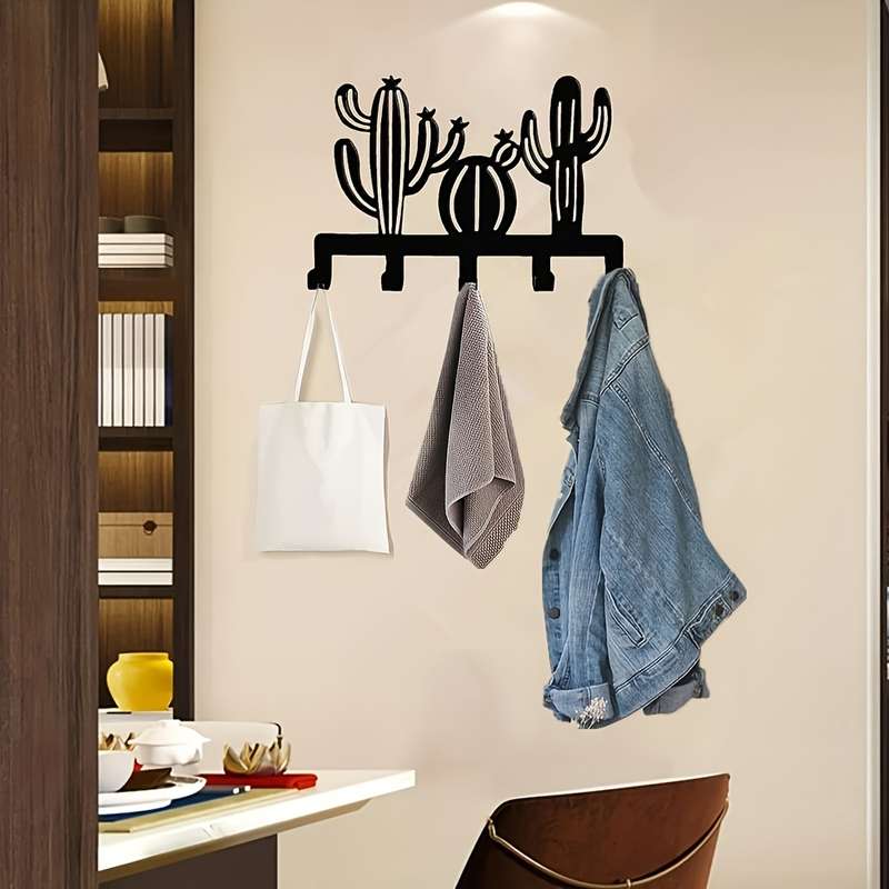 1pc Cactus Metal Wall Art Coat  Hat Hook Rack with 5 HooksEasy Install Contemporary Wrought Iro