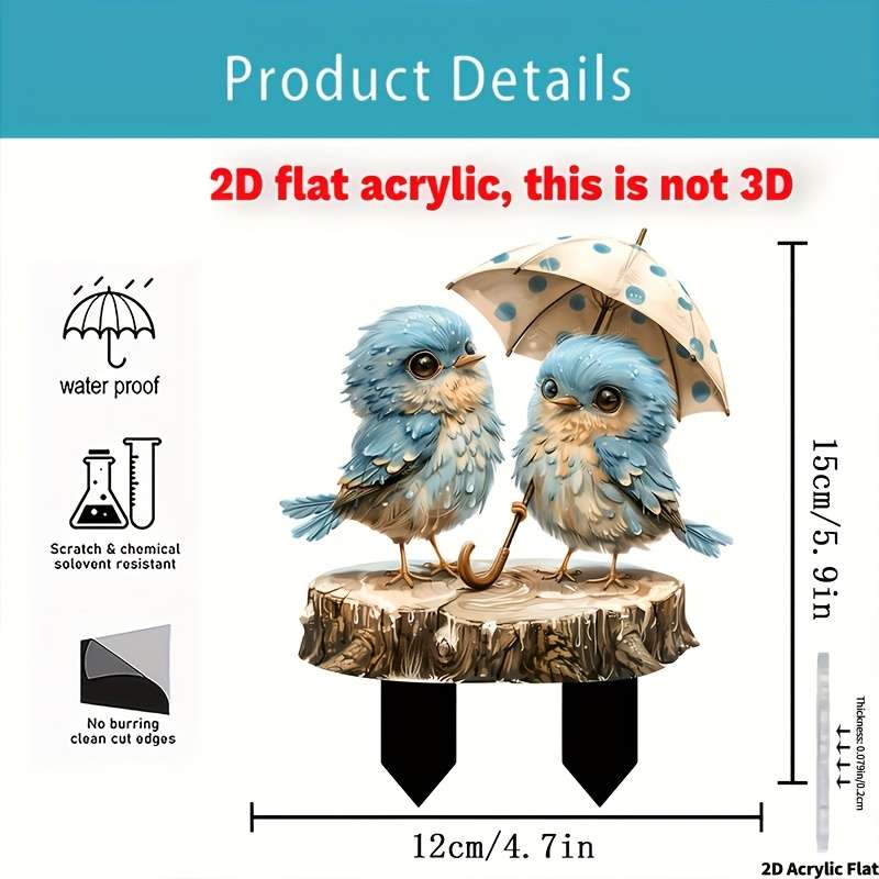 1pc 2D Flat  Bohemian-Style Crystal Bluebird Garden Stand  Acrylic Decorative Outdoor Piec