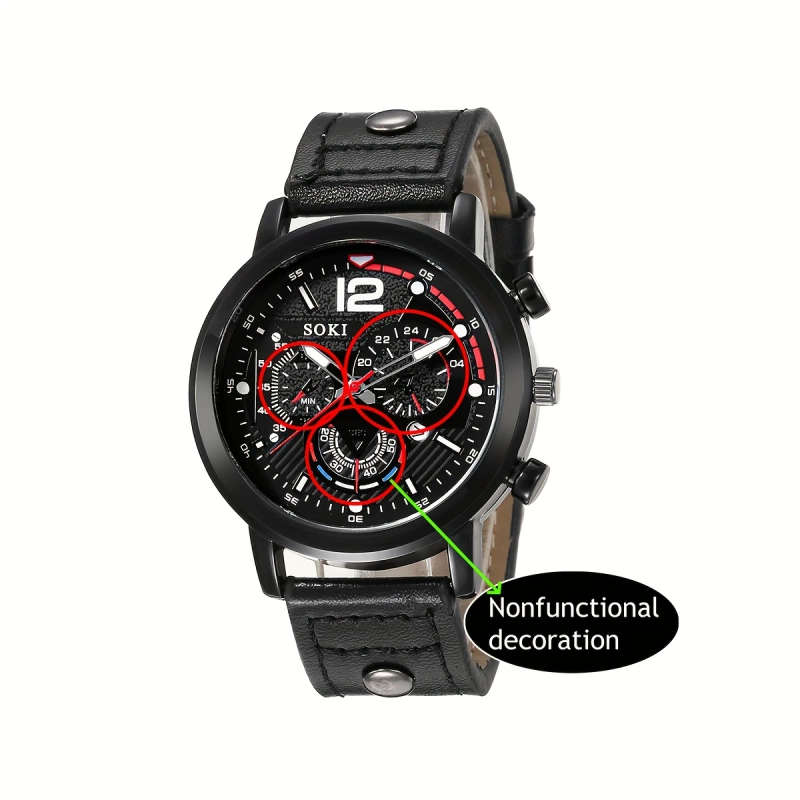 2pcs set Men's Quartz Watch SOKI Brand Casual Style with Large Numeric Dial Calendar Function Black