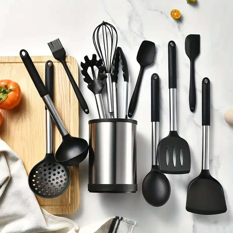 1pc Stainless Steel Kitchen Utensil Holder 360 Degree Rotating Cylinder with Drainage Holes and Divi
