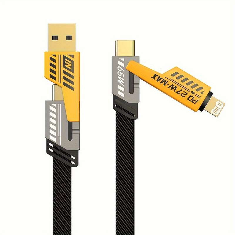 1pc Fast Charging 4-in-1 Cable Dual Type-C USB Lighting Connectors 47.24in 120cm Fabric F