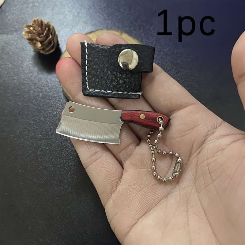 1pc Compact Stainless Steel Mini Knife with Wooden Handle Key Ring Lightweight P