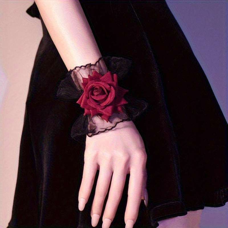 1 Pair Black Lace Rose Wrist Gloves