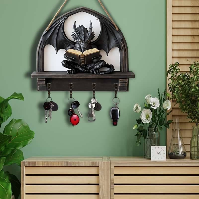 1pc Dragon-Shaped Wooden Key Holder with 4 Metal Hooks Easy Wall Mount Space-Saving Organizer for