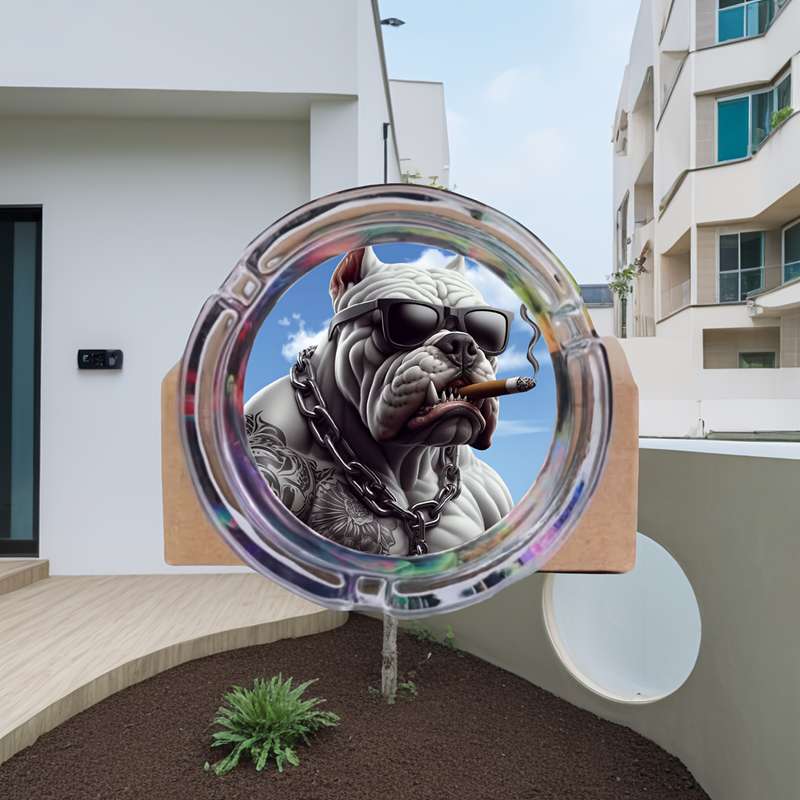 Glass Ashtray Bulldog Design with Fashion Glasses Cigar Illustration Multi-Color Round S